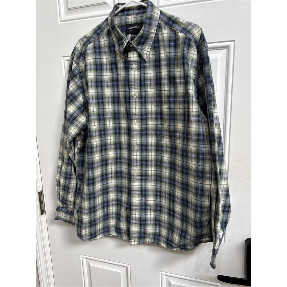 Eddie Bauer Mens Large Blue/Green Plaid Long Sleeve Button Up Shirt Cotton - Picture 2 of 5